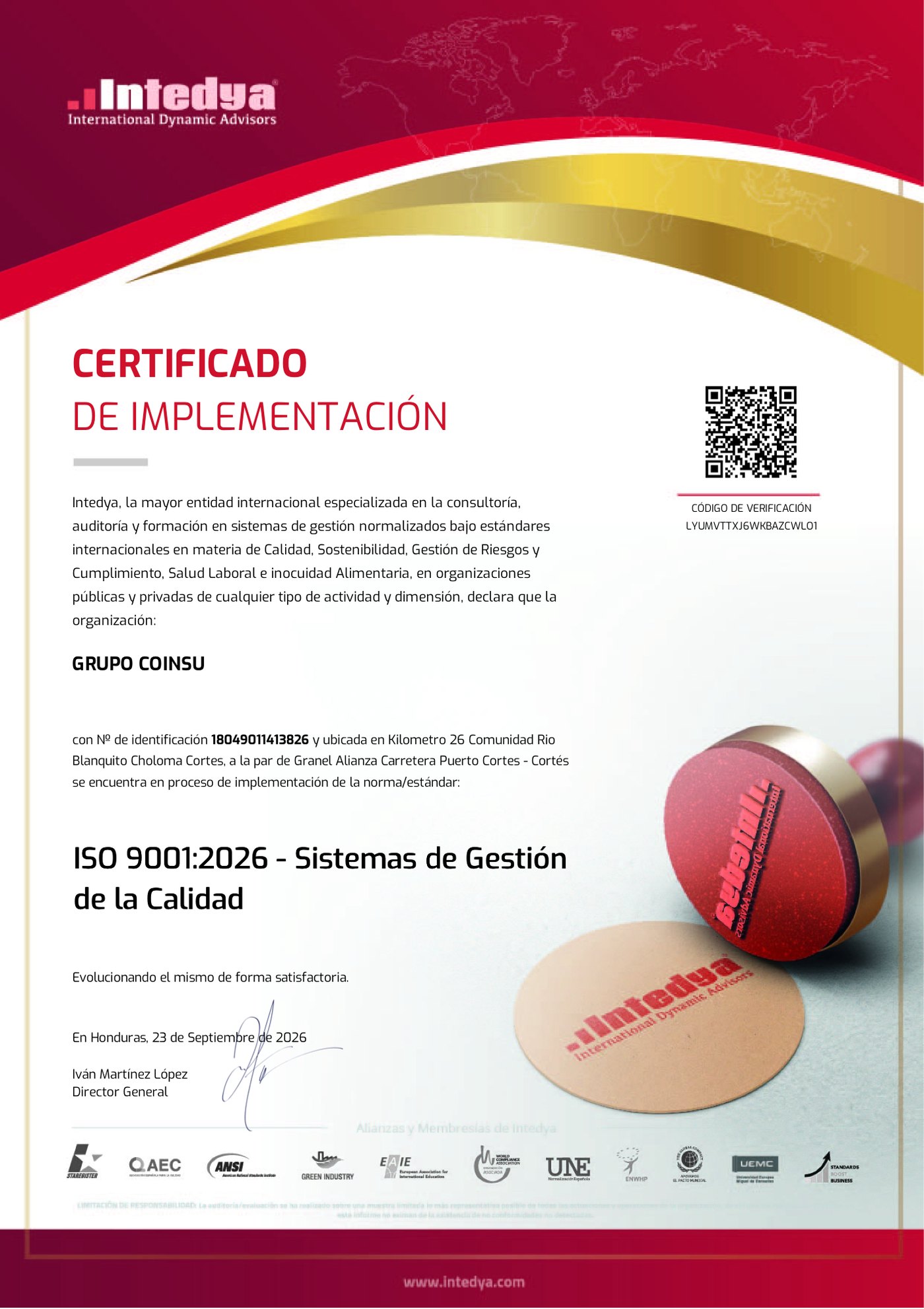 Certificado de Implementación de INTEDYA para la norma ISO 9001:2026